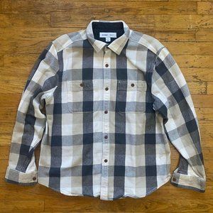 Old Navy tan, grey, and white thicc boiii flannel shirt